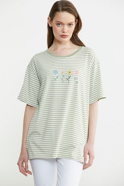 Sementa Striped Embroidery Detailed T-Shirt - Green