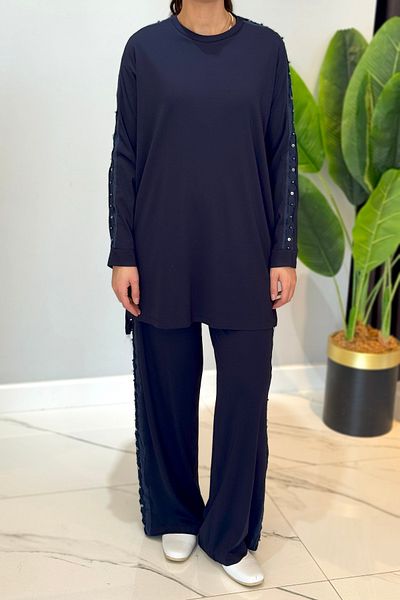 Ceremony Tunic Suit with Side Studs and Stone Detail 5983 Navy Blue