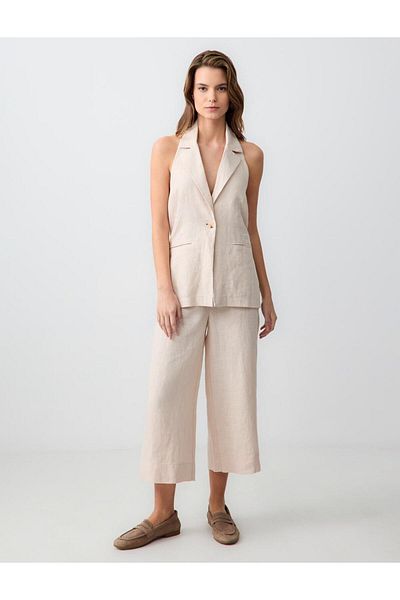 Jimmy Key Stone 100% Linen Relaxed Cut High Waist Wide Leg Woven Trousers