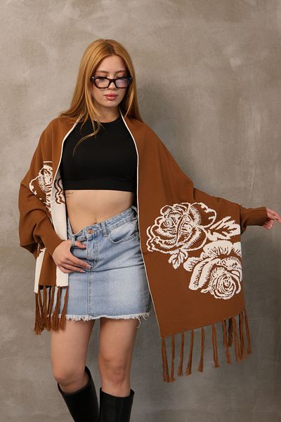 ALCHON U Shawl Collar Long Sleeve Rose Flower Pattern Double-Sided Skirt Tassel Ankle Elastic Seasonal Knitwear Shawl