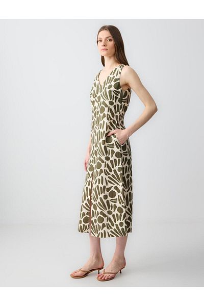 Jimmy Key Green 100% Linen Relaxed Cut V-Neck Patterned Sleeveless Midi Dress