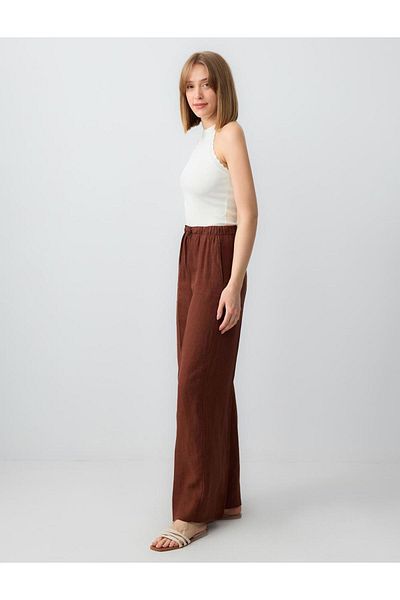 Jimmy Key Bitter Brown 100% Linen Relaxed Cut High Waist Loose Wide Leg Lace up Trousers
