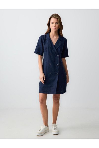 Jimmy Key Rochie mini cu mânecă scurtă, 100% in, albastru bleumarin, cu detaliu cu nasturi