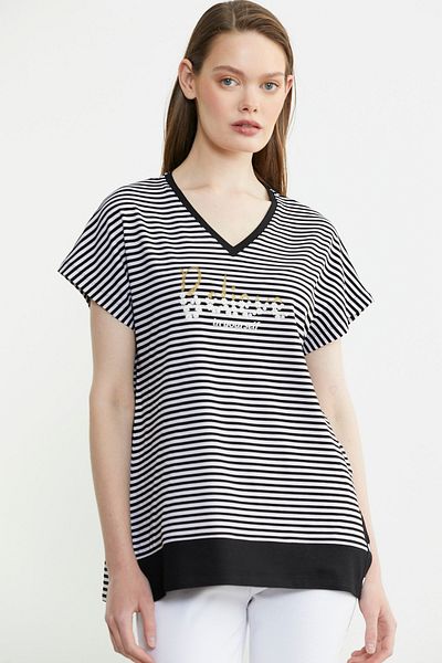 Sementa Striped V-Neck Sequined T-Shirt - Black