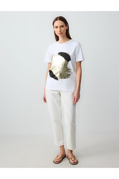 Jimmy Key White 100% Cotton Short Sleeve Round Neck Patterned Knitted T-Shirt