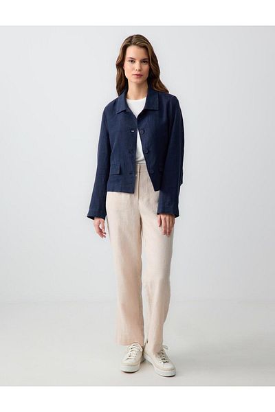 Jimmy Key Navy Blue 100% Linen Long Sleeve Short Jacket with Button Detail