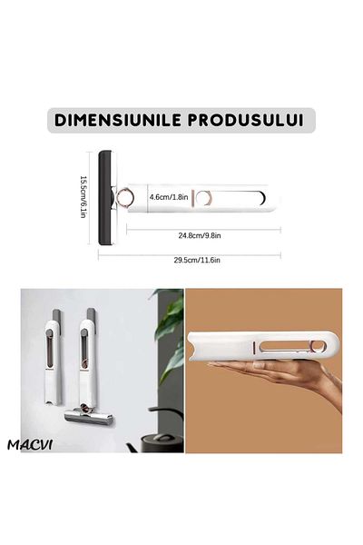 MACVI Mini Mop Macvi® pentru Curatarea Suprafetelor si Geamurilor, Stoarcere, Portabil, 29 cm, Alb