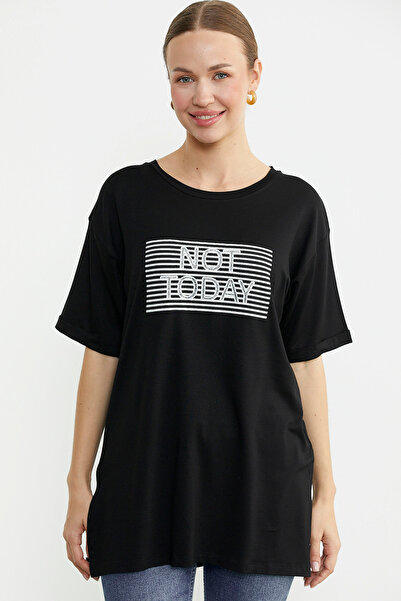 Sementa Baskılı Sıfır Yaka Uzun Tişört - Siyah