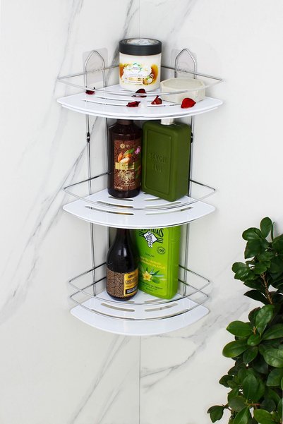 HIMYHOME Economical Triple Chrome Shampoo Holder with Crystal Shelf Adhesive Bathroom Corner Shelf