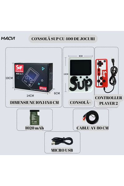 MACVI Macvi® Mini Portable Retro Console with 400 Games, 2 Players, 3" Color LCD, TV Connection, Red/White