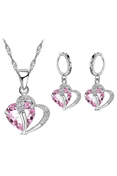 Choice AMS80102C Set of 2 Metal Heart Blue Glass Stone Necklace Earrings Set ...