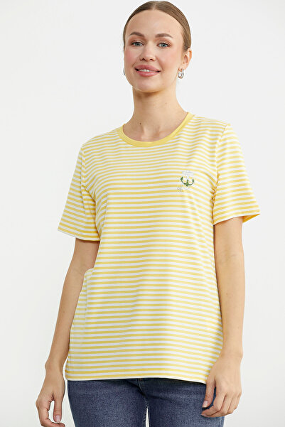 Sementa Tricou din bumbac pieptănat cu detaliu de broderie în dungi - Galben