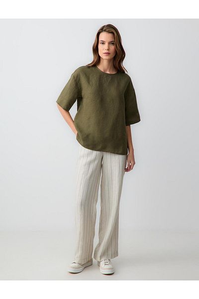 Jimmy Key Stone 100% Linen Relaxed Cut High Waist Loose Wide Leg Striped Trousers