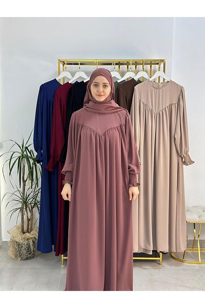 R&S modibone Hijab Front V Model Gathered Dress, Soufflé Scarf Set, Abaya Hijab Rose Dry
