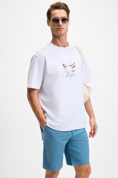 GRIMELANGE Sagi Men's 100% Organic Cotton Front Back Print Detailed Crew Neck Short Sleeve Oversize Fit White T-Sh