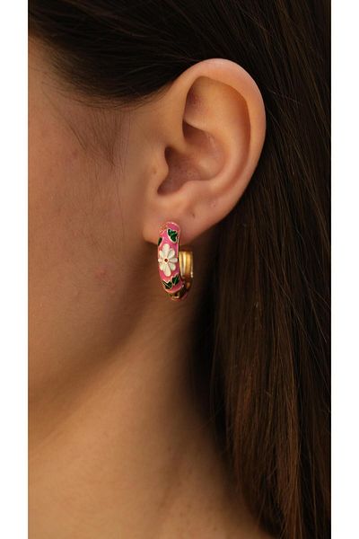 Jerie Gold Pink Enamel Flower Figure Hoop Earrings