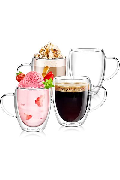 Köken Koken Double Wall Thermos Mug 350 ml, Borosilicate Glass, Transparent Set of 4 Mugs