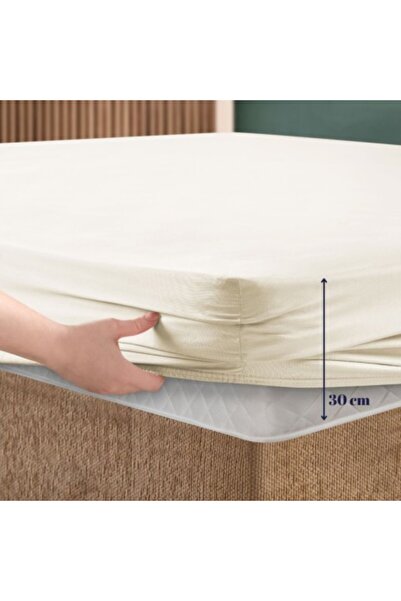 First Choice Bed cover set with elastic and 2 pillowcases, 100% ranforce cotton, 140x200 cm, Cream