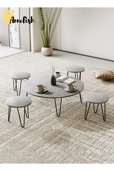 AnneFish 5pcs Floor Coffee Table Set Low Round Home Nesting Friends Gathering Table Set Of 5 Side Table