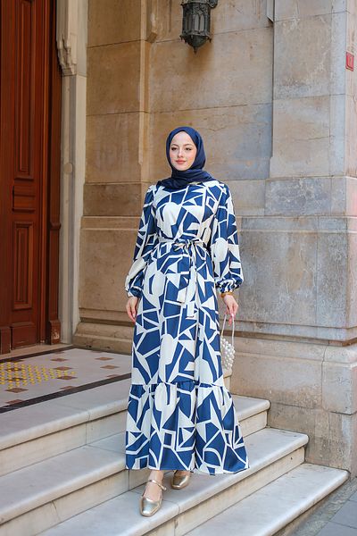 LOCCO Women's Geometric Pattern Satin Dress Navy Blue