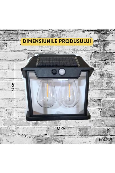 MACVI Lampa solara Macvi® de perete cu LED dublu, senzor de miscare 8m, 3 moduri, fara fir, IP65