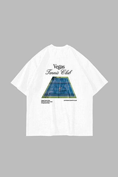 Bak Moda تي شيرت أبيض كبير الحجم مطبوع عليه نادي فيغاس للتنس للجنسين