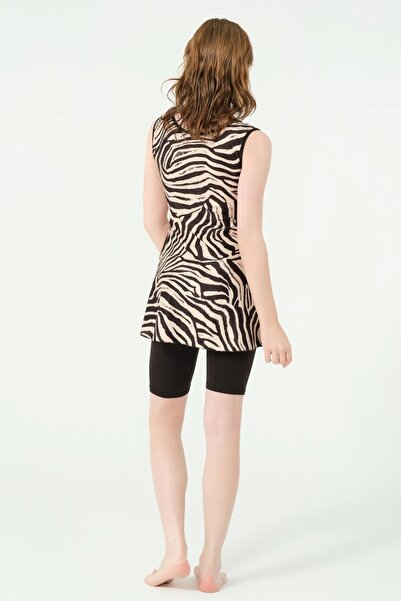 Bordomix 25913 Women's Black Brown Wavy Sleeveless Swimsuit with Tights