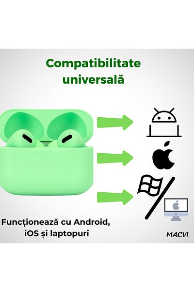 MACVI Casti Bluetooth Macvi® PRO, TWS, iOS și Android, BT 5.0, Sunet HiFi, Carcasă wireless, Touch, Verde