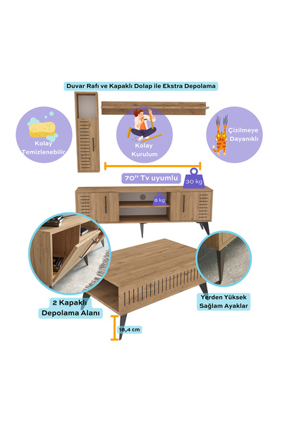 Bimossa G3610 Karla Tv Ünitesi Raflı Dolaplı Ve Orta Sehpa Sepet