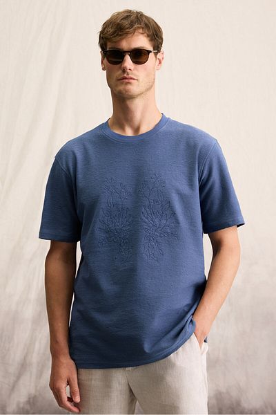 GRIMELANGE Nelido Men's Embroidery Detail 100% Organic Cotton Crew Neck Short Sleeve Regular Fit Indigo T-Shirt