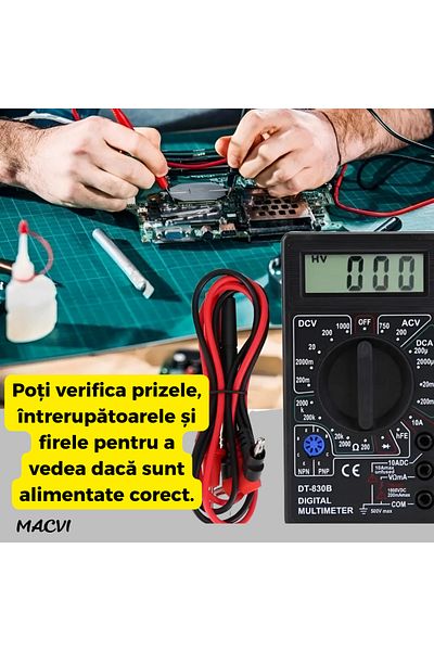 MACVI Multimetru Digital Macvi® cu Afisaj LCD, 19 Scale de Masura, 2 Testere, Negru