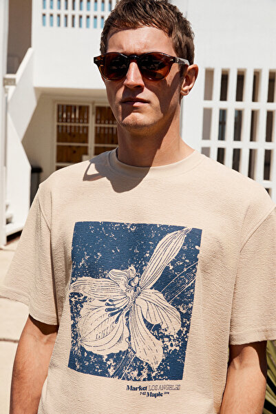 GRIMELANGE Nord Men's Print Detailed 100% Organic Cotton Oversize Short Sleeve Crew Neck Beige T-Shirt