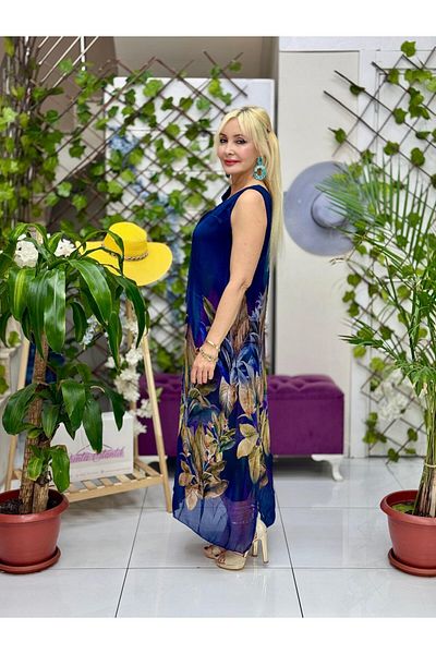 Punta Otantik Yg6024 Italian Shoulder Tie Silk Dress Navy Blue