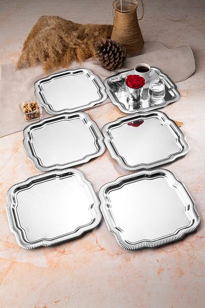 Aslı Hediyelik 6-Piece Luxury Edge Line Patterned Silver Daisy Model Stainless Steel Serving, Tea, Coffee Presentation Tray