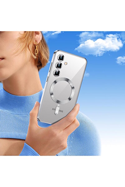 m.tk moveteck Samsung Galaxy A56 Kılıf Magsafe Renkli Kenarlı Arkası Şeffaf Silikon + 9h Ekran Koruyucu Cam Set