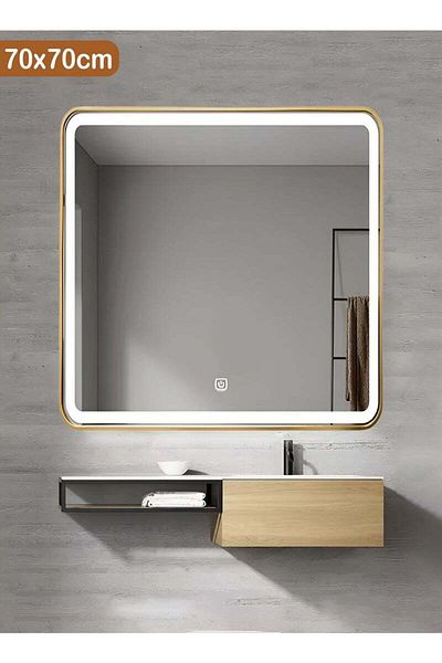 Taimi Square Bathroom Mirror with Gold Aluminum Frame and LED Touch Front Light 3 Colors Lighting 70x70cm