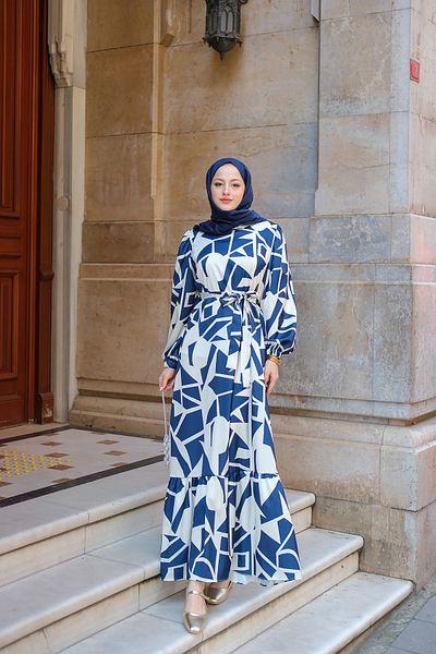 LOCCO Women's Geometric Pattern Satin Dress Navy Blue