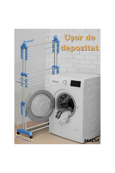 MACVI Uscator vertical pentru rufe Macvi®, cu 3 nivele de uscare, mobil, pliabil, suport umerase, albastru