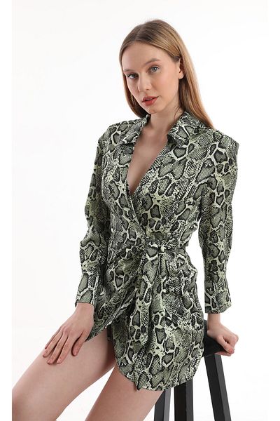Miss Allos Women's Snakeskin Print Tie Belt Shirt Dress