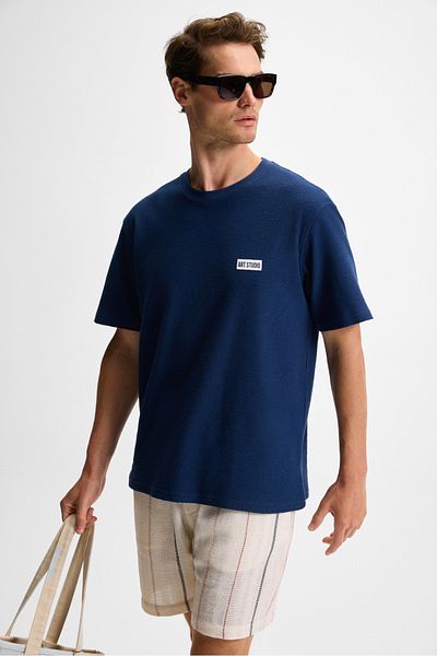 GRIMELANGE Noir Men's 100% Organic Cotton Crew Neck Short Sleeve Regular Navy Blue T-Shirt