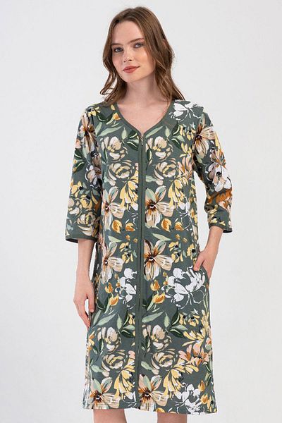 VİENETTA Women's Large Size Capri Sleeve Zippered Green Home Dress C9T1N0O804