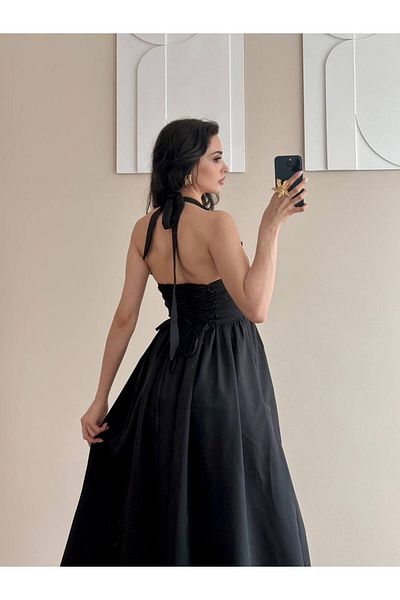 LOCH BUTİK Rochie midi cu căptușeală neagră, cu gât lung și tul pentru femei