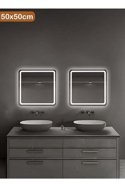 Taimi Set of 2 Square Bathroom Mirror Front and Back Touch LED Light for Bathroom and Bedroom 50x50cm