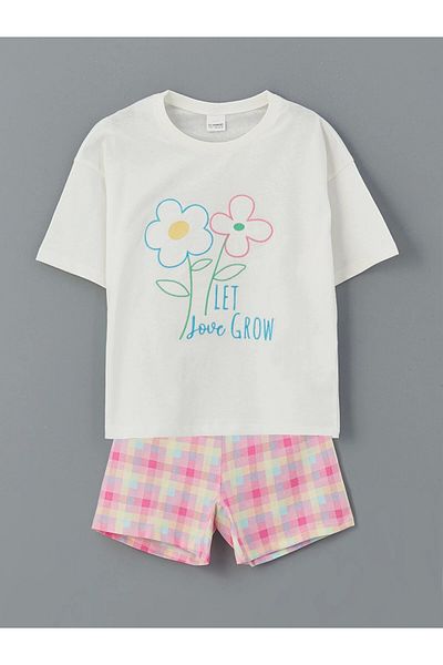 LC Waikiki Lcw Kids White Bicycle Collar Floral Girl's Shorts Pajama Set