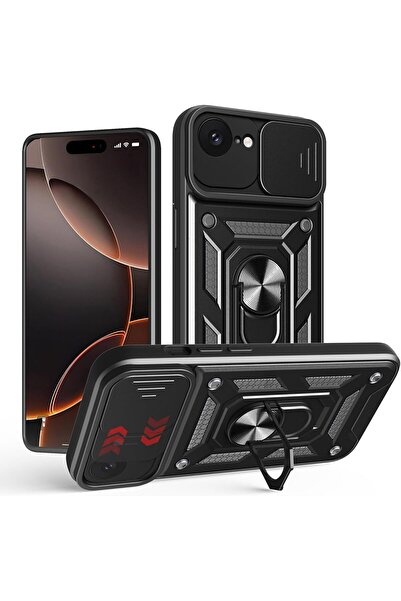 Rivor Apple iPhone 16e Uyumlu Kılıf Kamera Sürgülü Standlı Yüzüklü Darbe Emic...