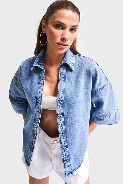 its basic Women's Blue Color 1S5-4 Front Buttoned Loose Cut Denim Jacket Shirt