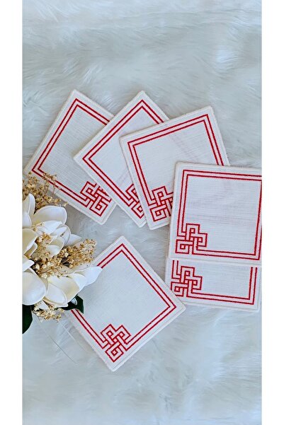 Mora Tekstil Cross Stitch Embroidered Presentation Napkin, Cocktail Napkin Coffee Side Presentation Holder Embroidered Coffee Side 6 Pieces of Fabric