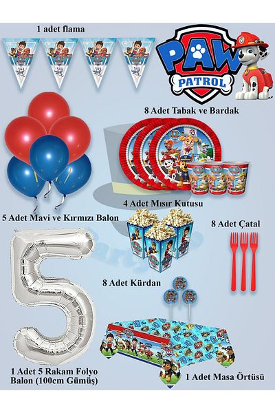 PartyPoo Paw Patrol Birthday Set for 8 People - Balloons, Ornaments, Decorations and Party Supplies Ornament Set