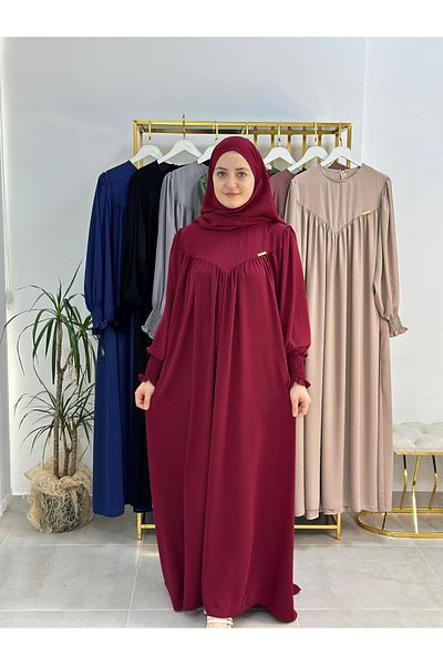 R&S modibone Hijab Front V Model Gathered Dress, Soufflé Scarf Suit, Abaya Hijab Burgundy