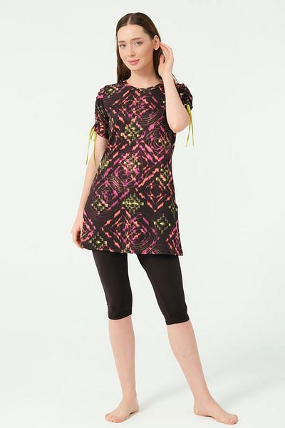 Bordomix 25775 Women's Black Patterned Adjustable Short Sleeve Leggings Swimsuit